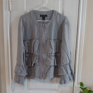 INC International Concepts Gray Ruffled Linen Full Zip Jacket